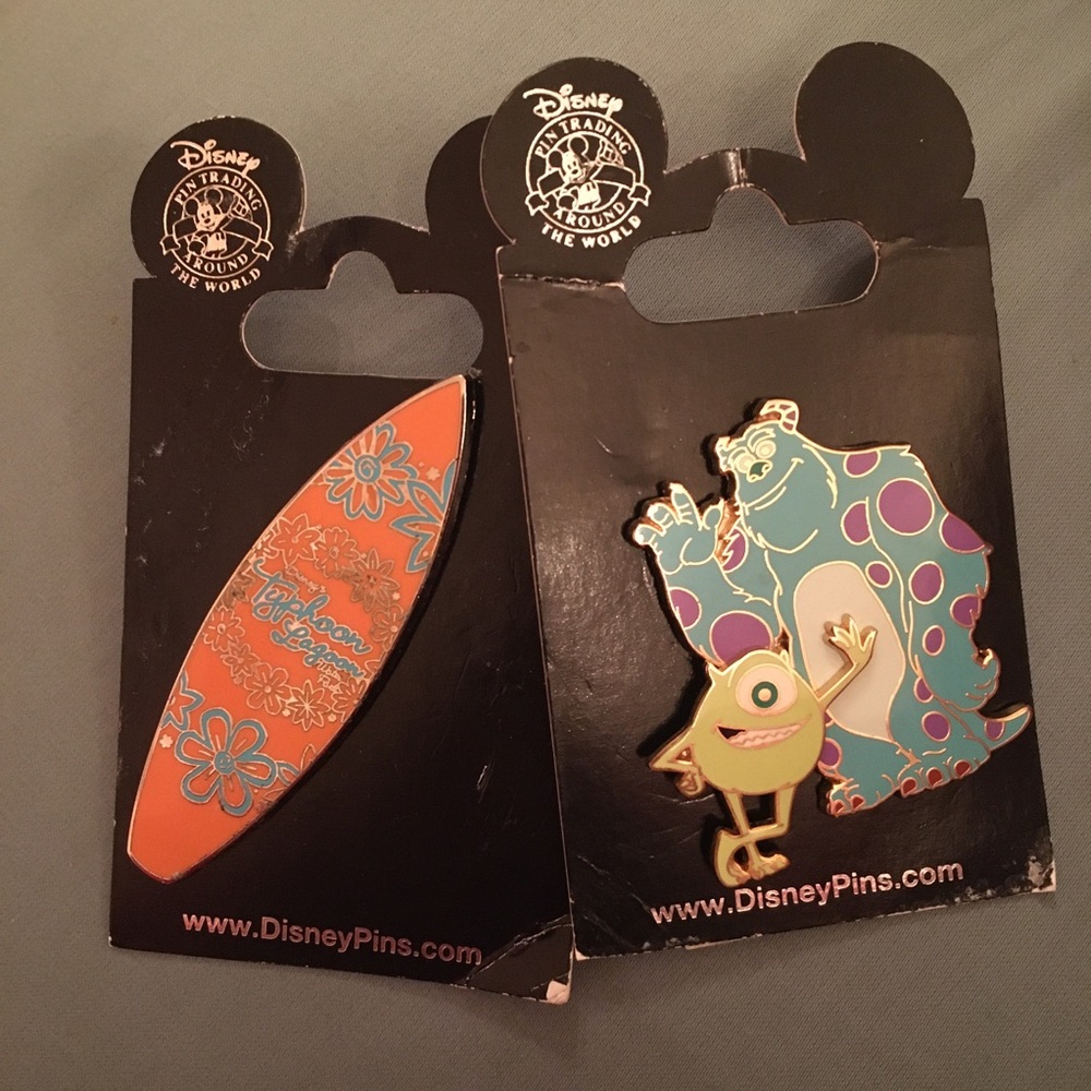 Disney Pin Bundle Typhoon Lagoon Surfboard and Monsters Inc Mike and Sully